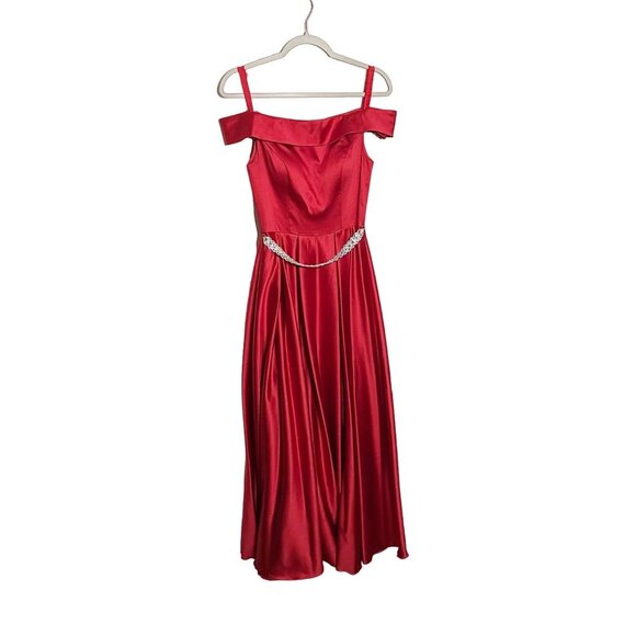 Ieena Mac Duggal Off Shoulder Satin A-Line Dress Gown Red Size 2 Rhinestone Belt - Picture 1 of 4